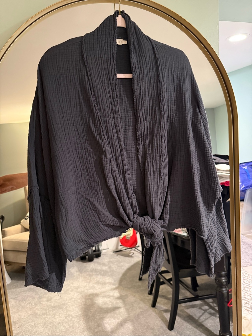 LA MIEL Gray Gauze Tie-Front Shrug, Jacket, Kimono